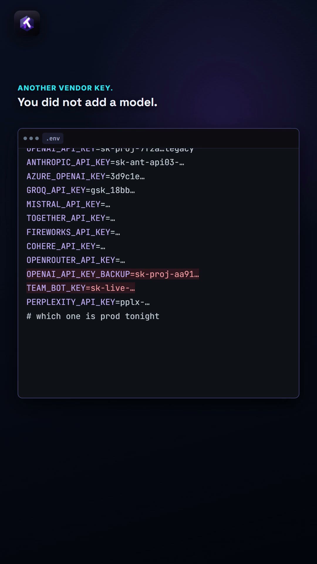 A stack of vendor API keys in an env file
