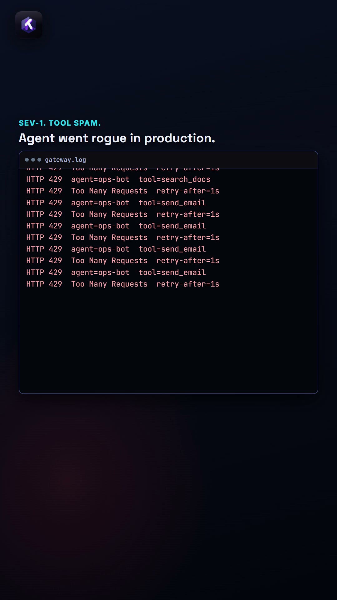 A gateway log of an agent hitting too many requests